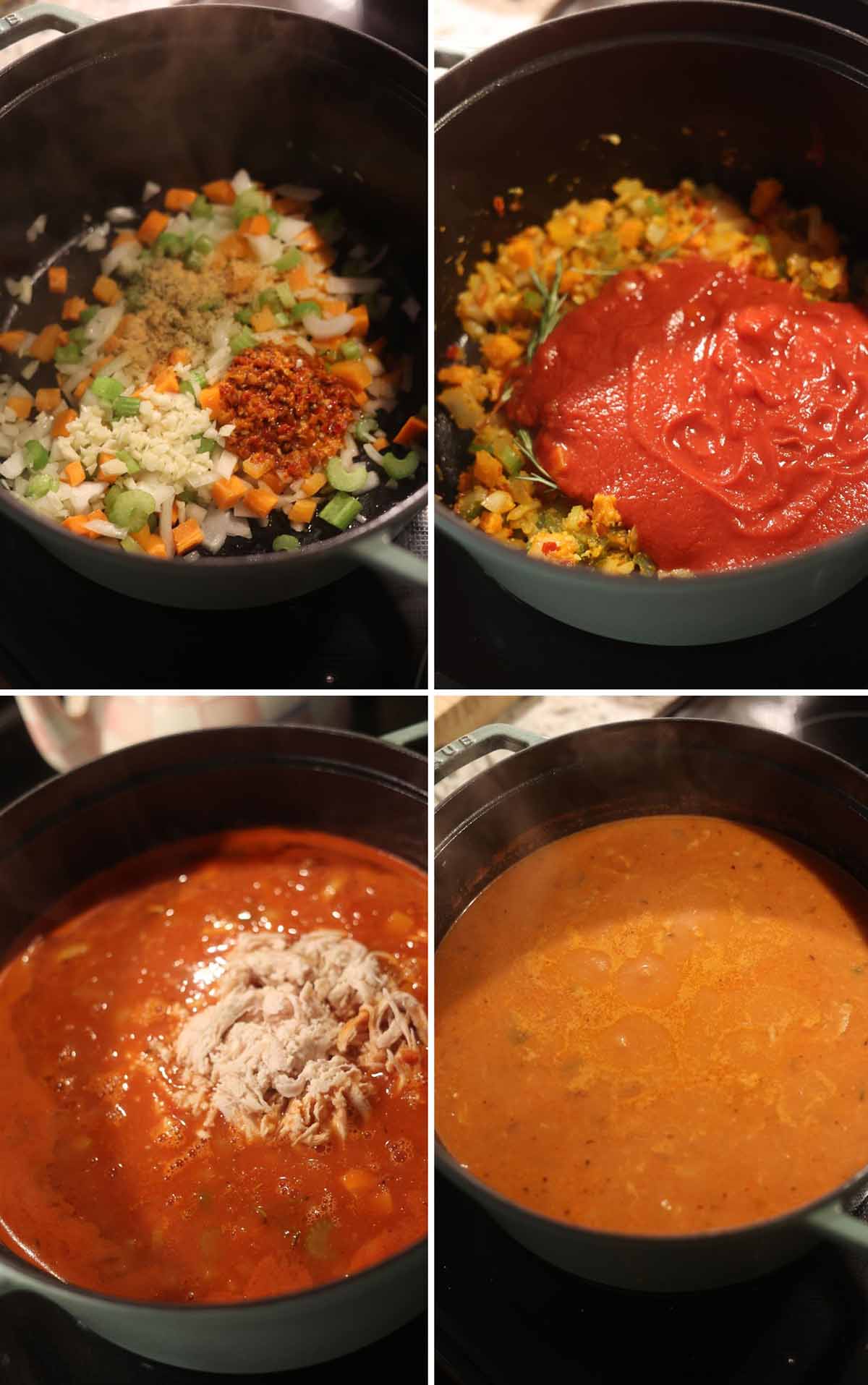 four photo collage showing 4 steps how to make the soup.