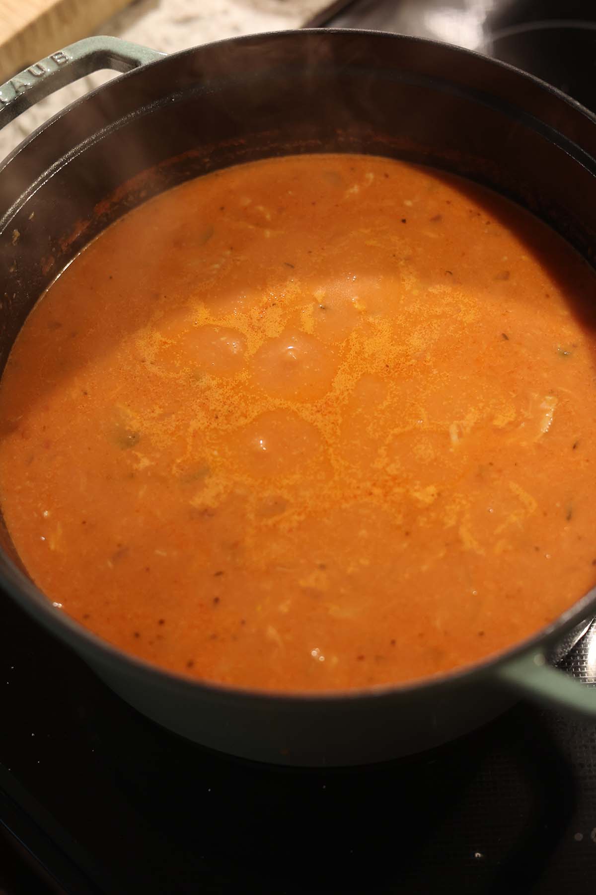 pot filled with soup.