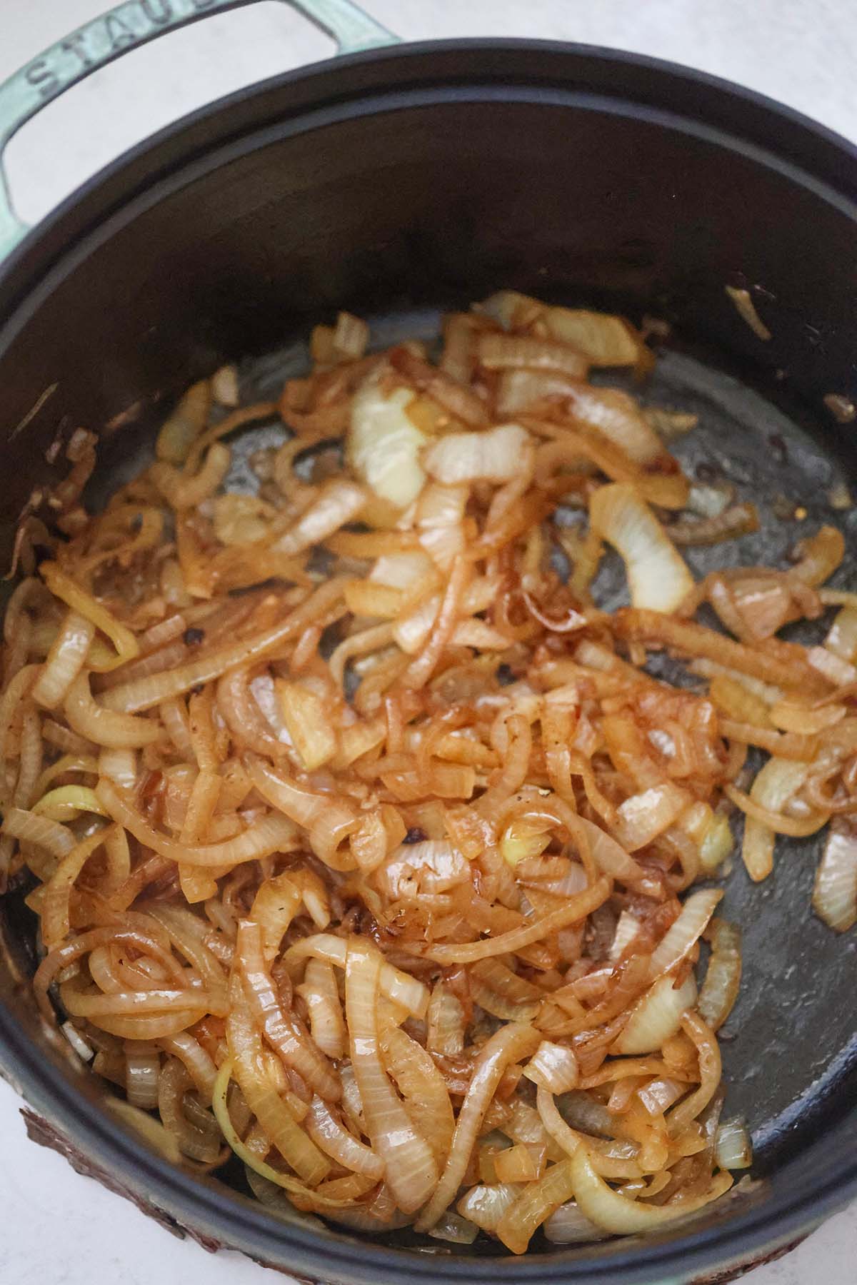 caramelized onions in a pot. 