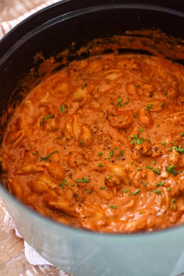 creamy beef and shells in a big pot.