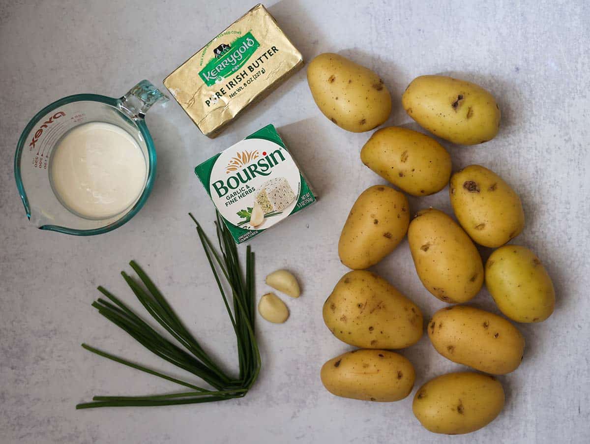 Yukon gold potatoes, chives, cream, butter, garlic, and Boursin cheese.