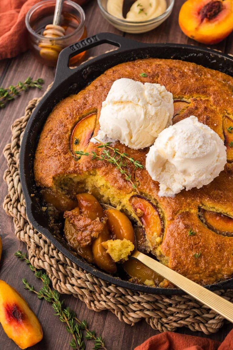 Cubler Cornbread Peach Cobbler with Honey Thyme Butter - Cooked by Julie