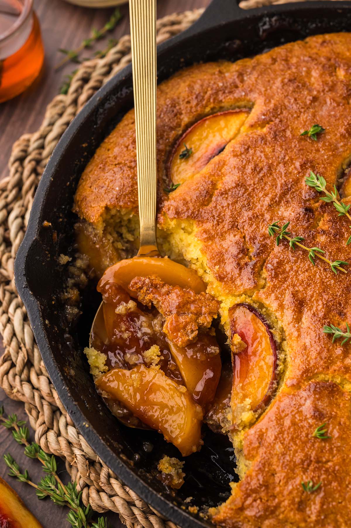 a spoonful of peach cobbler.
