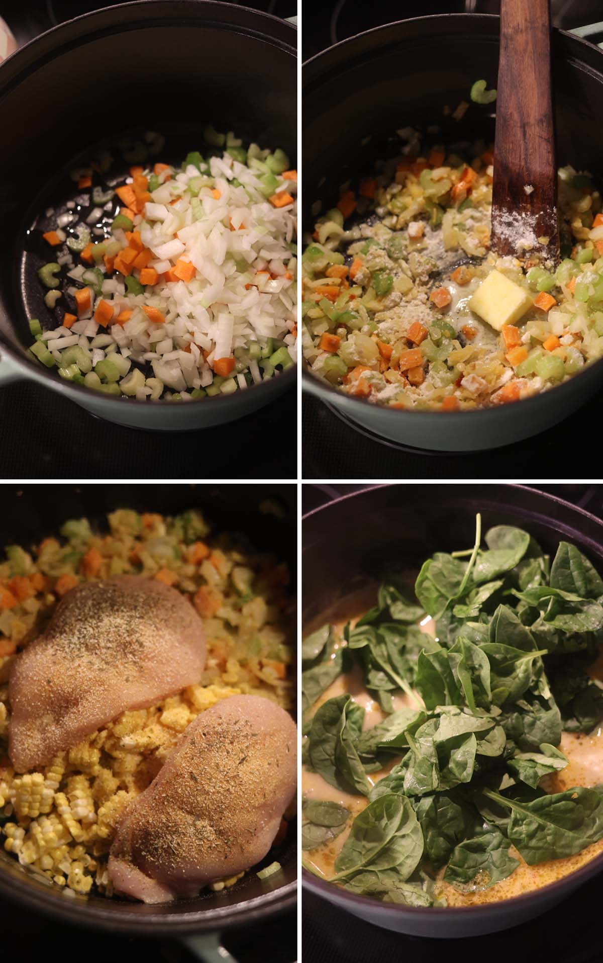 Four-photo collage showing vegetables sautéing in a pot, butter and flour being stirred into the vegetables, raw chicken added to the pot, and fresh spinach being added to the soup..