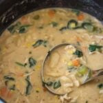 creamy gnocchi chicken soup in a pot with a ladle.