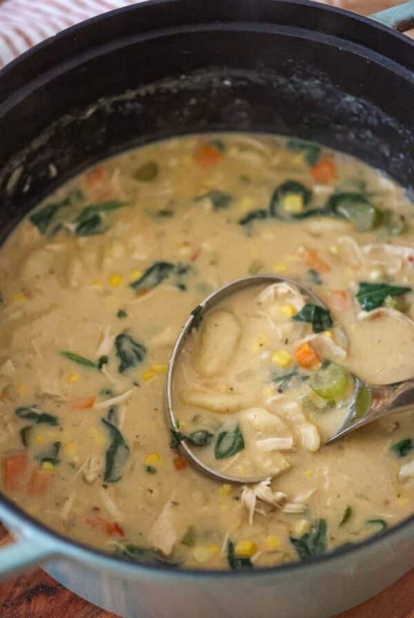 creamy gnocchi chicken soup in a pot with a ladle.