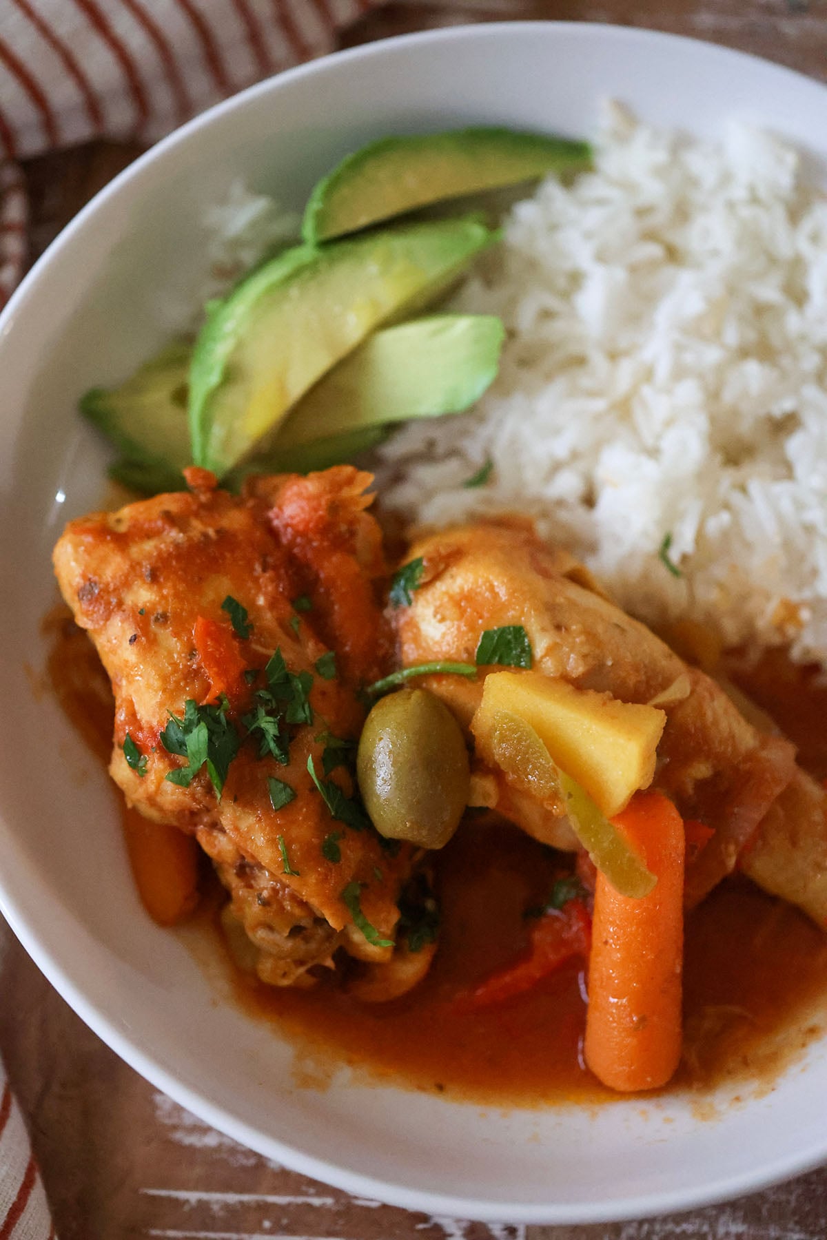 chicken, rice, vegetables, and avocado.