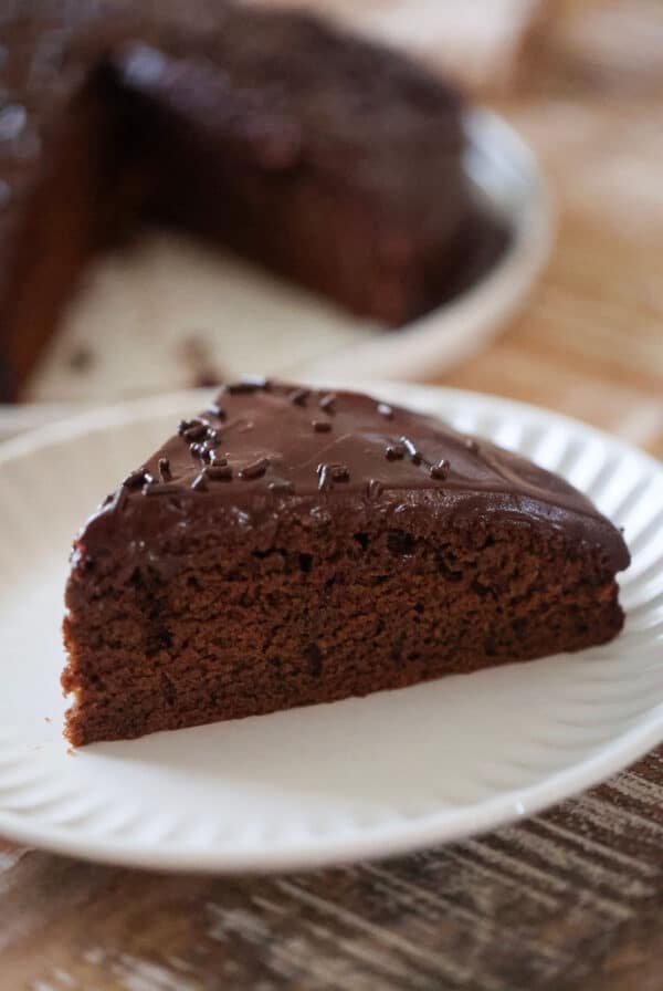 A slice of chocolate cake up close.