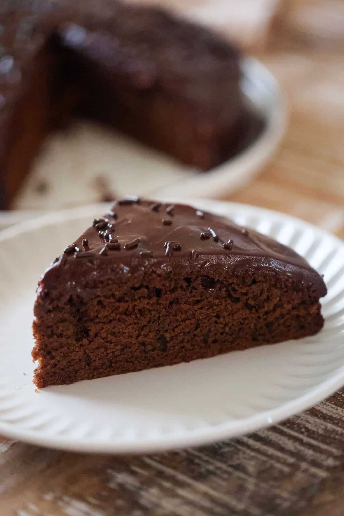 a slice of chocolate cake up close.