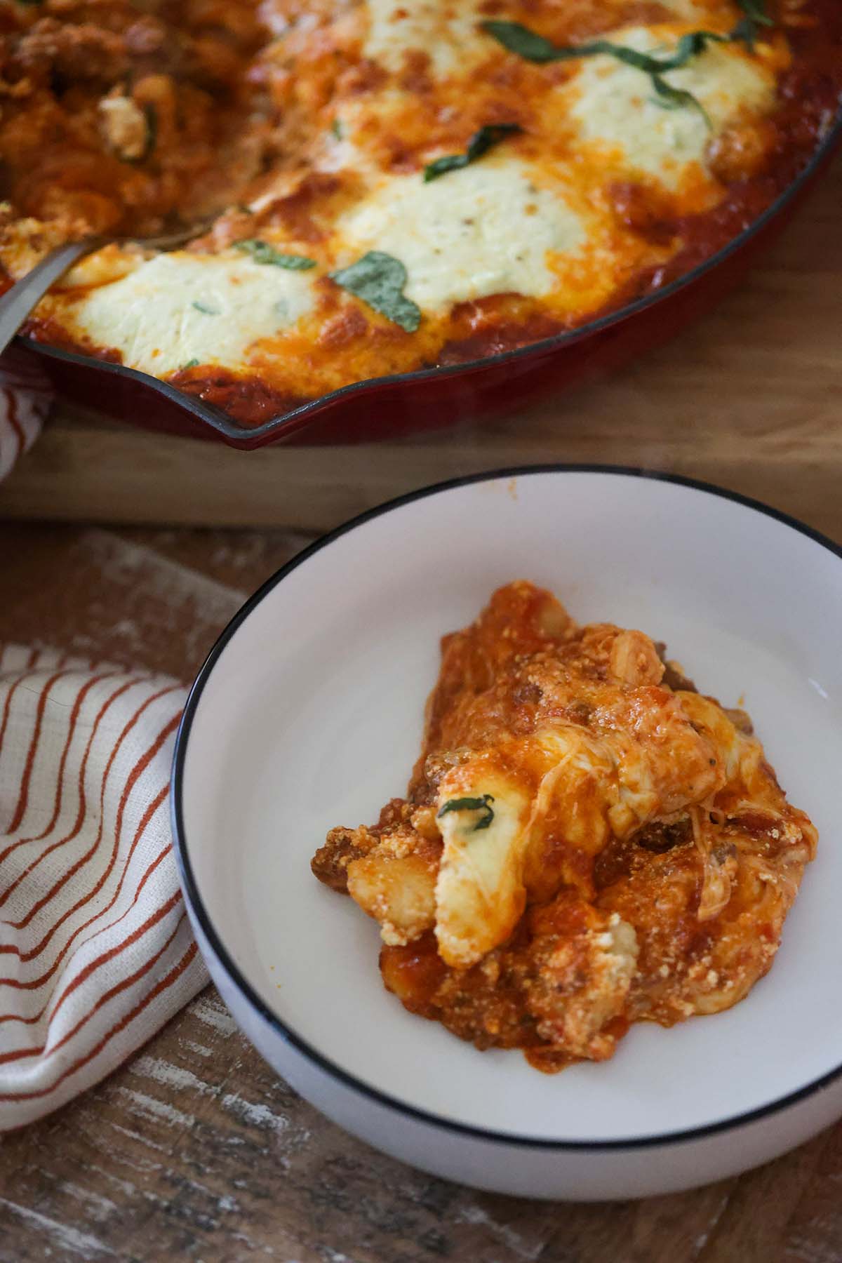 baked gnocchi lasagna in a bowl.