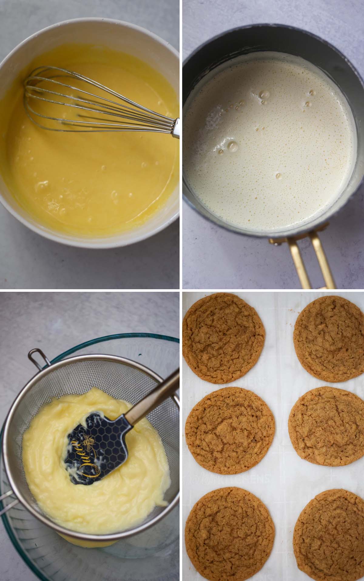 Four-photo collage showing an egg yolk mixture in a bowl, the egg yolk and milk mixture cooking in a saucepan, pastry cream being strained through a sieve, and freshly baked pumpkin cookies.