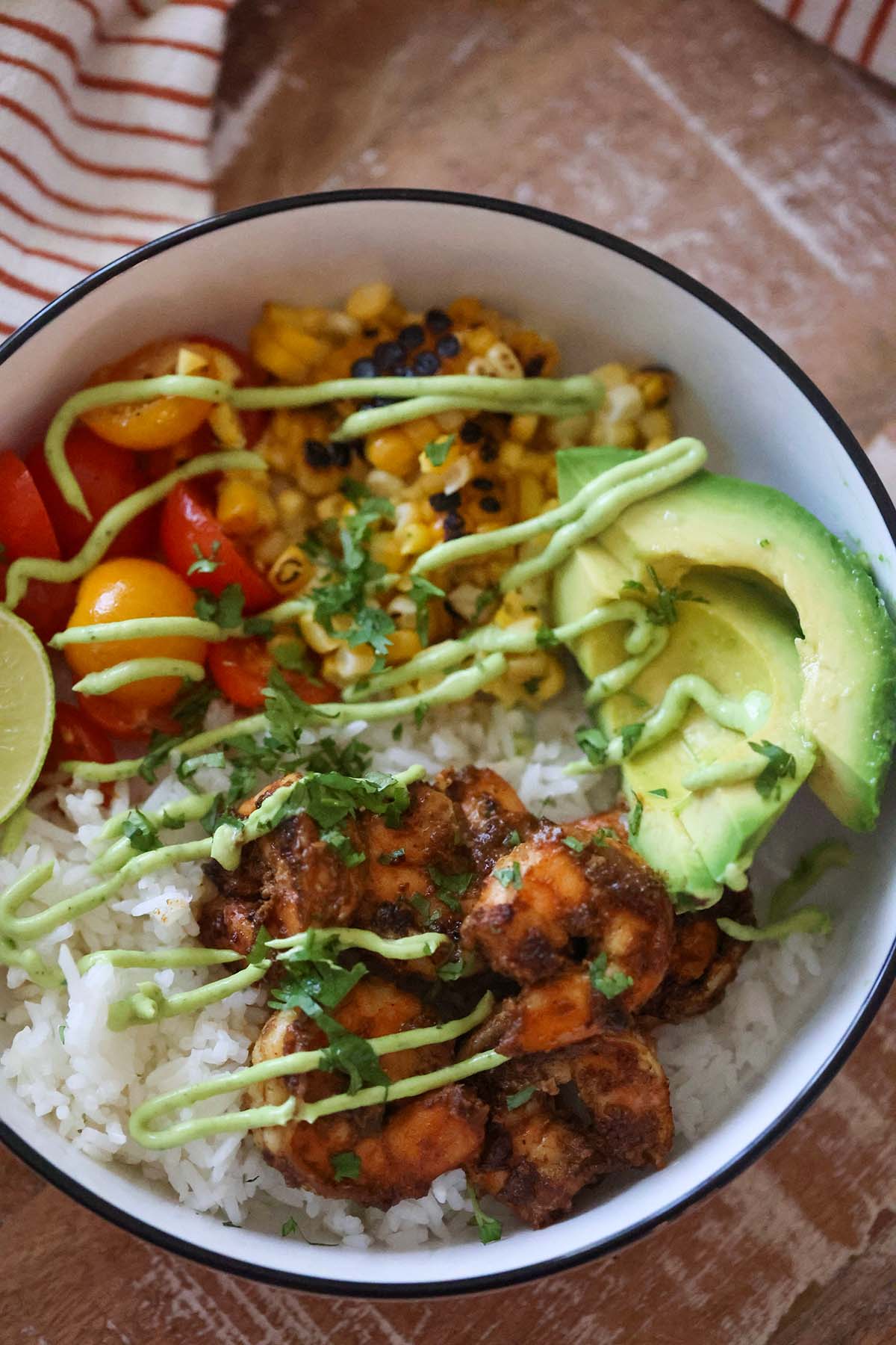 shrimp rice bowl up close.