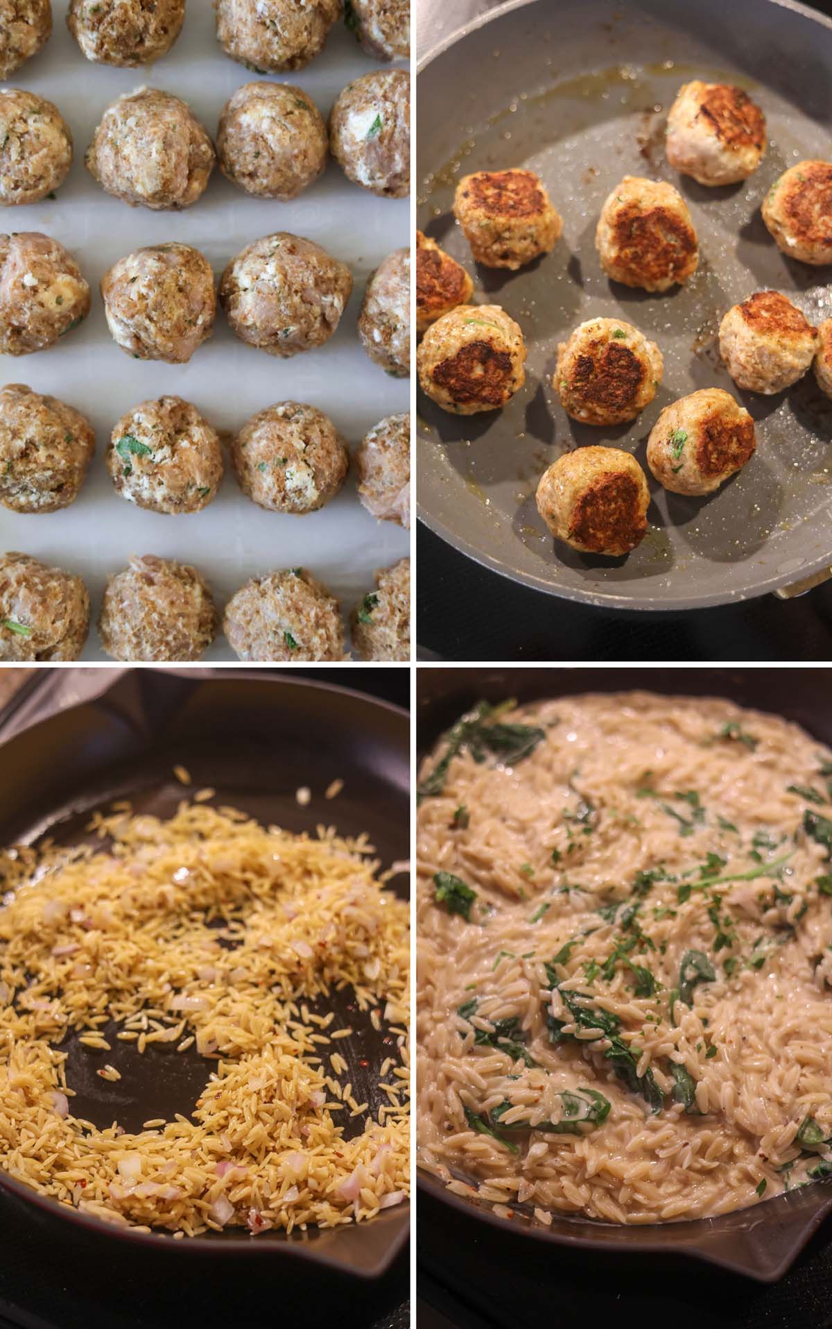 a four photo collage showing raw meatballs, meatballs cooking in a skillet, dried orzo and onions, and creamy orzo.